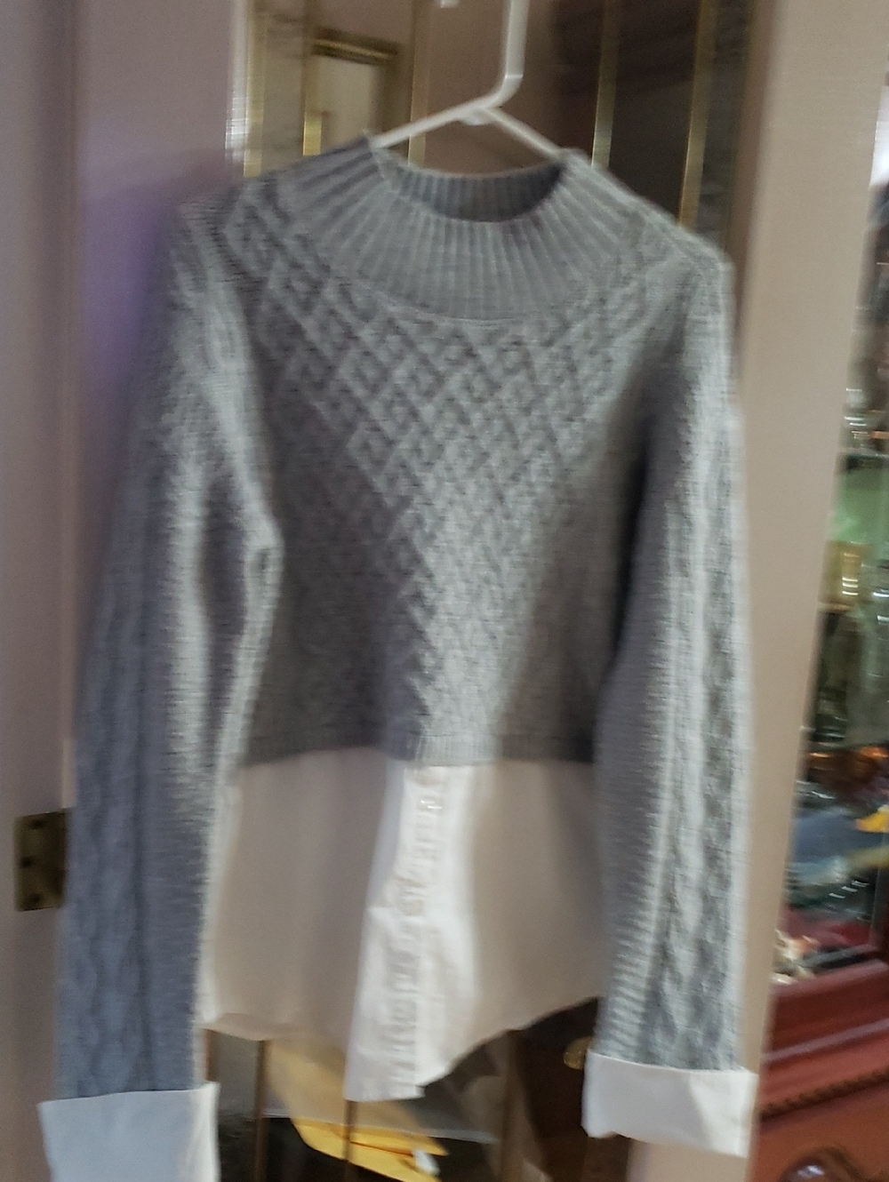 Anthropologie Mauve Cable Knit Layered Sweater. Size L. GREY AND WHITE